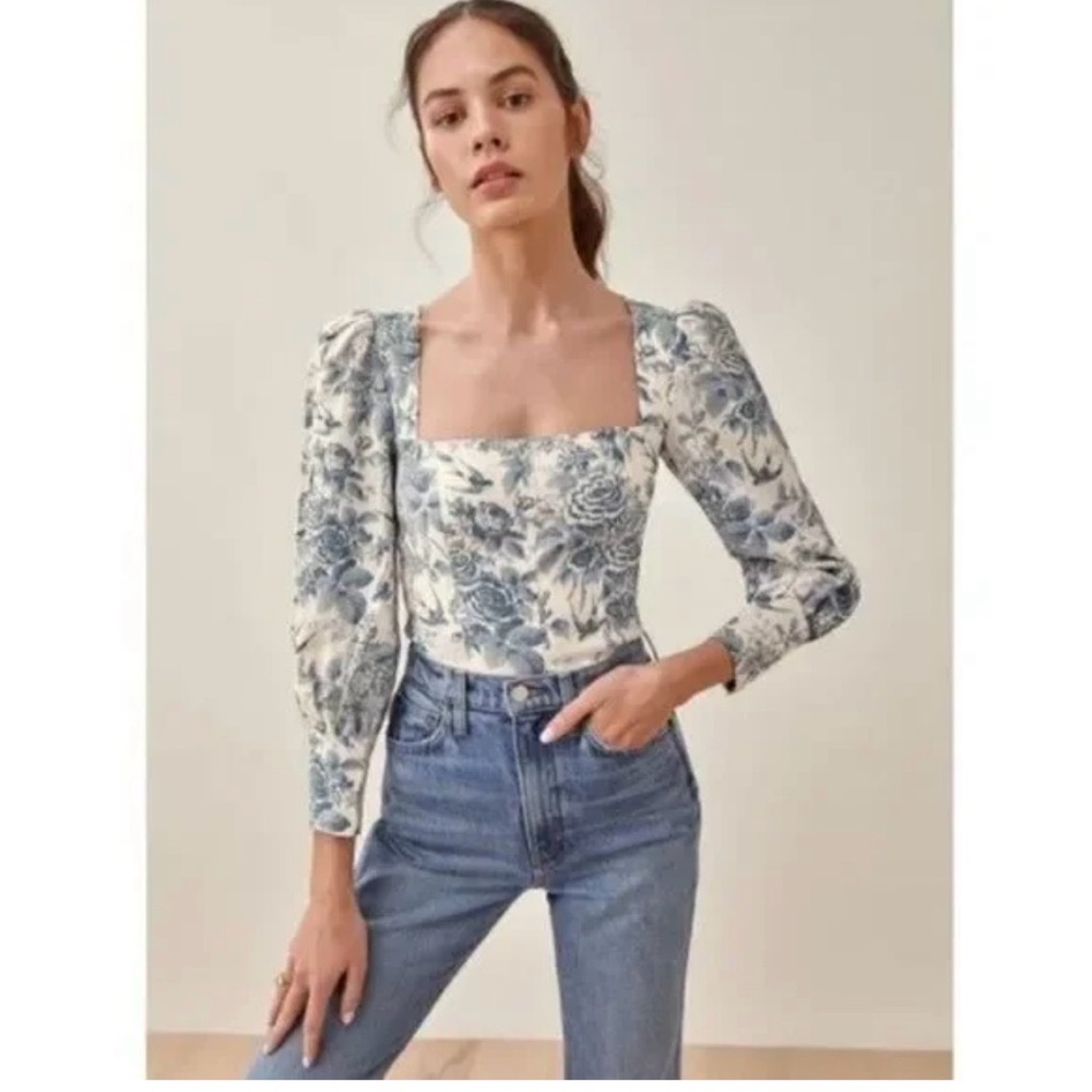 Reformation Stilton Linen top pompadour Blue White Floral Bird print New Size 8